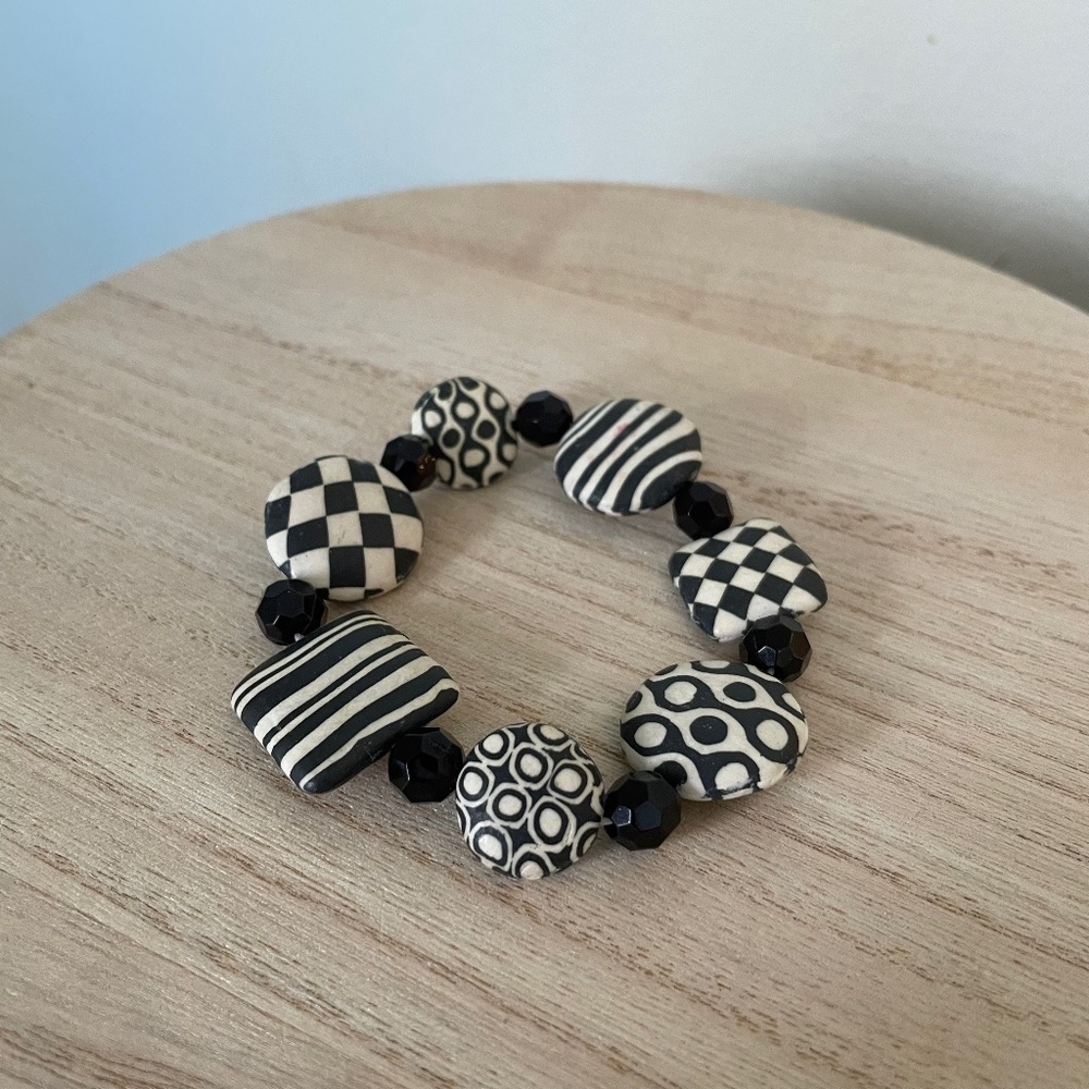 Black and White‎ Beaded Elastic Bracelet Statement Chunky